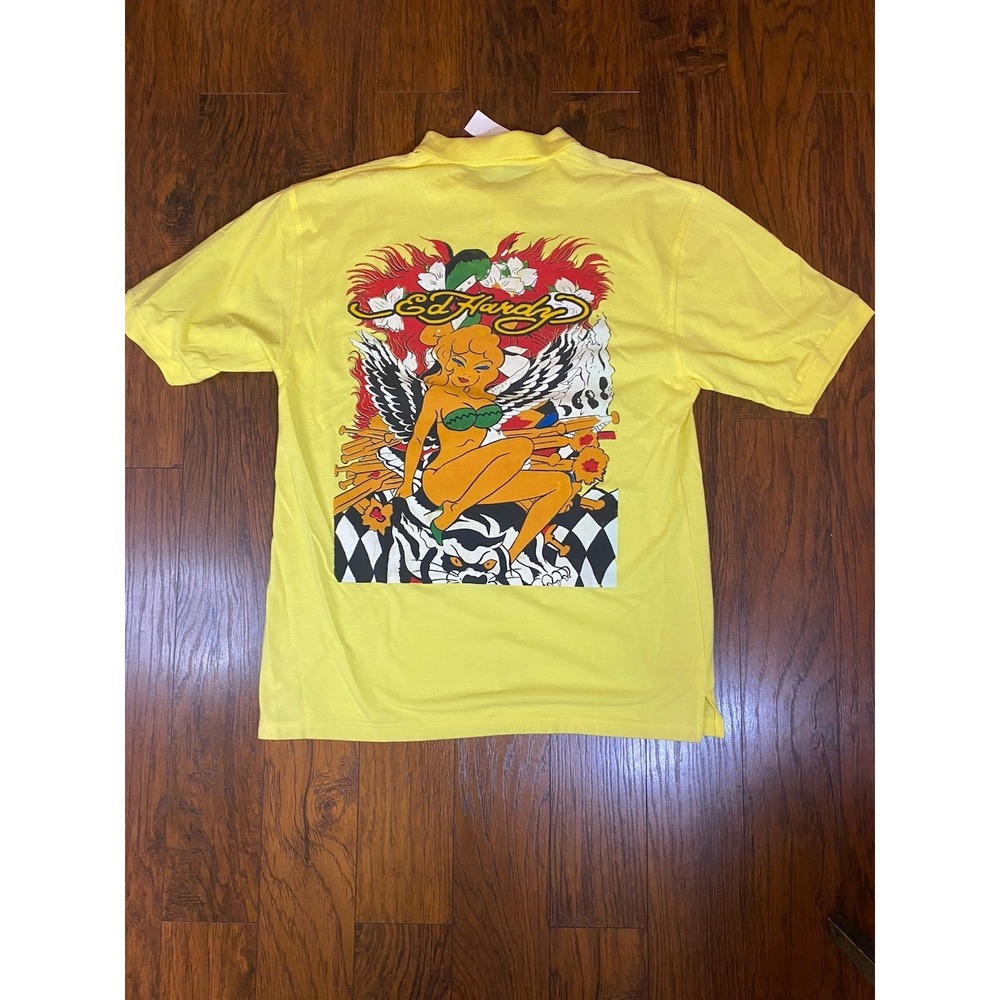 Ed Hardy Mens Yellow‎ Graphic Polo Shirt Pinup Girl Tiger Y2K 3XL NWT